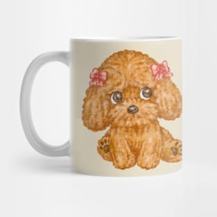 Toy poodle wearing a ribbon looks up Mug